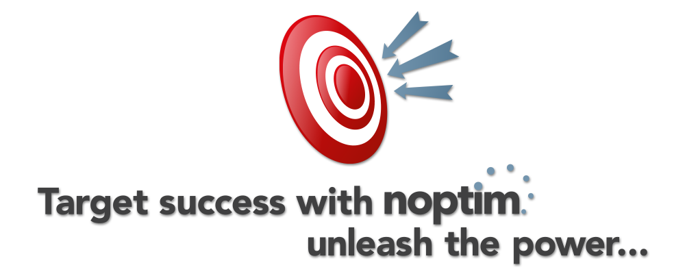 Three arrows in bullseye featuring Noptim logo and text — "Target success with Noptim — unleash the power..."